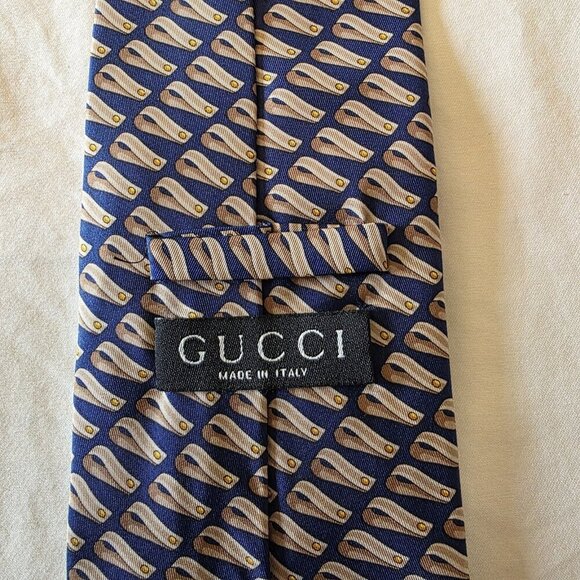 Gucci 100% Silk Men’s Tie Blue Beige Gold Abstract Pattern Made in Italy Vintage - Picture 8 of 12